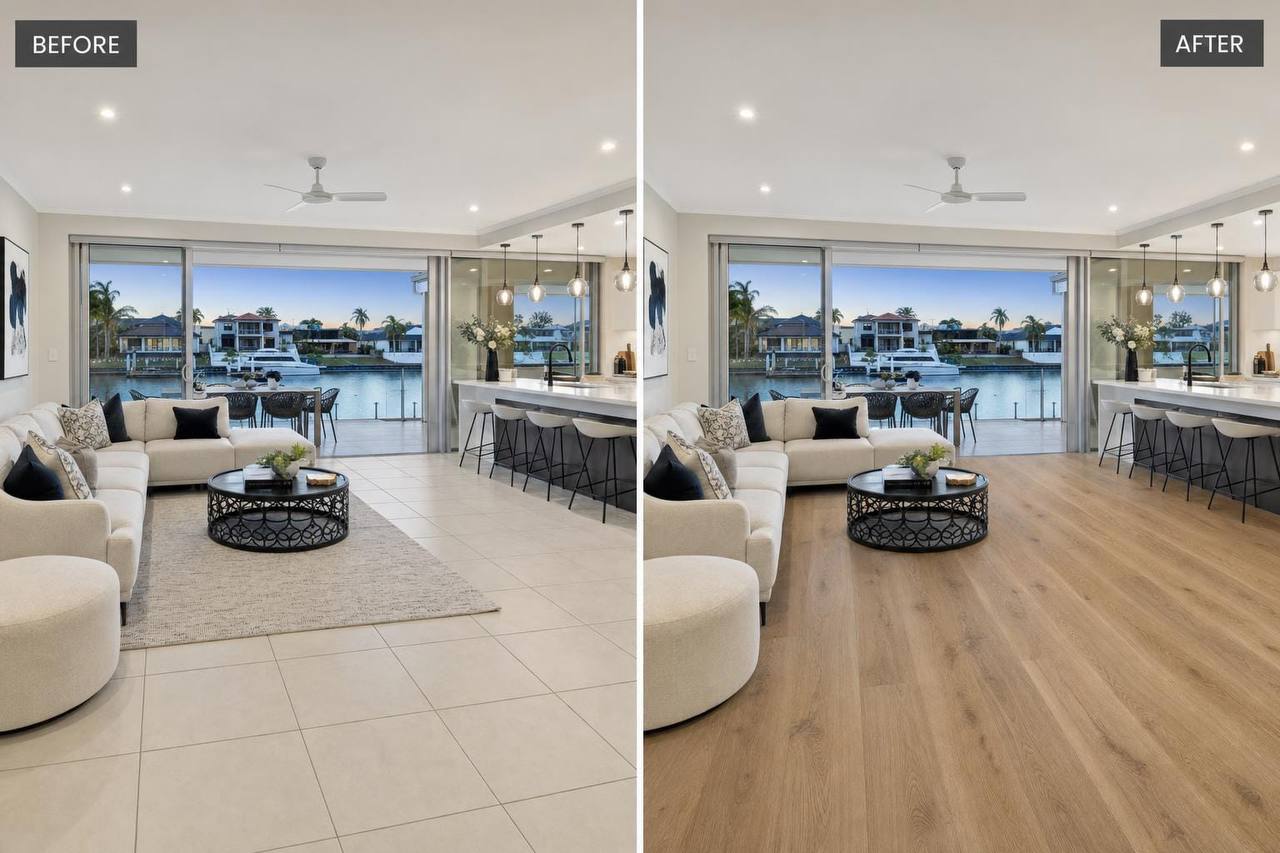 Before and after flooring transformation - Gold Coast canal home